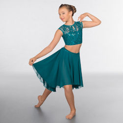 Childrens Teal Lace Sequin Dipped Hem Lyrical Two Piece Outfit