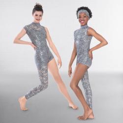 Ladies Asymmetric Sequin Lace Dance Catsuit