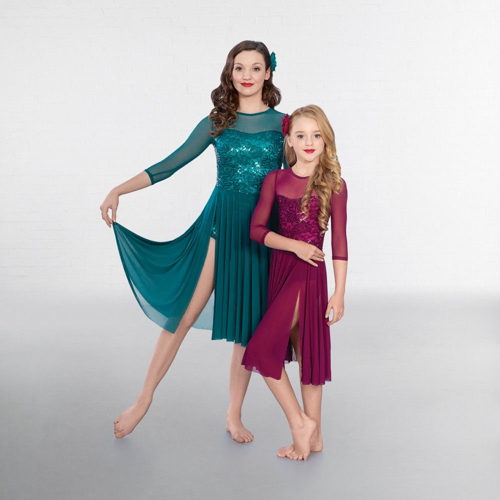 Childrens Teal Sequin Lace Crop Sleeved Lyrical Dress | The Dancers Shop UK