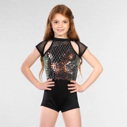 Childrens Sequin and Mesh Panelled Biketard Dance Costume